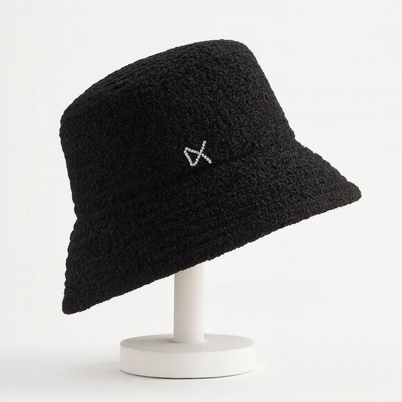 Betmar Chenille Bucket Hat Black Rhinestone Logo Soft Cloche Winter Cozy Luxe - Picture 2 of 15